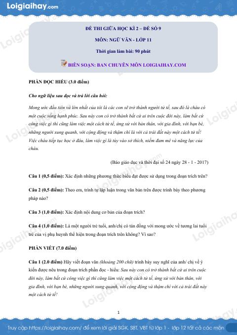 Đề thi giữa kì 2 Văn 11 - Đề số 9